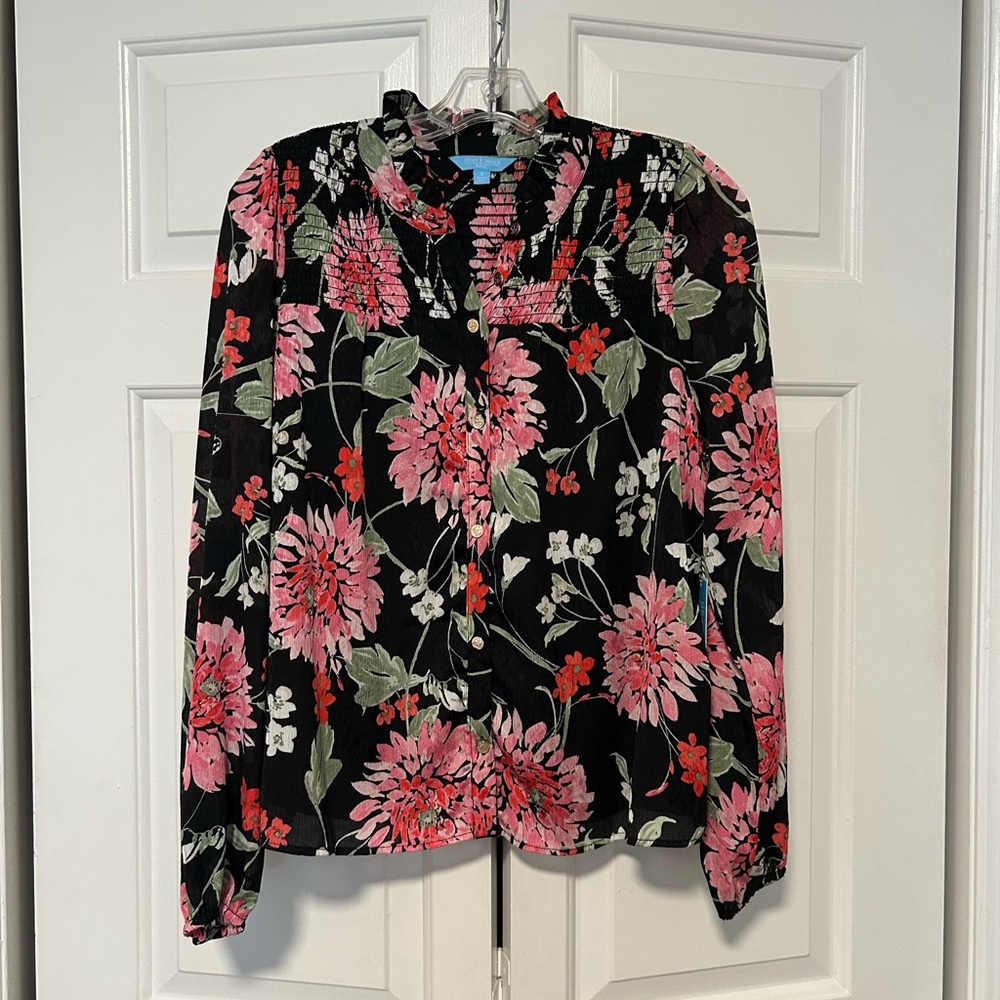 Draper James Black and Pink Floral Blouse